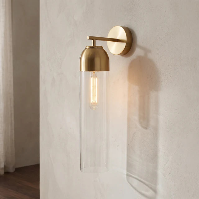 Glass Tube Wall Sconce – Dimmable Brass Modern Light | Qonforta