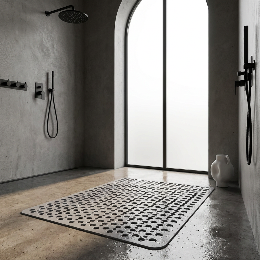 Acquasicura gray non-slip shower mat on a concrete shower floor