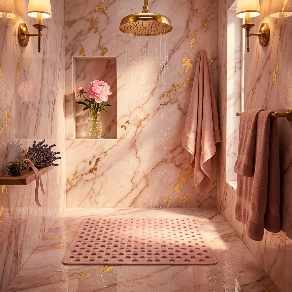 Acquasicura pink non-slip shower mat in a pink marble shower