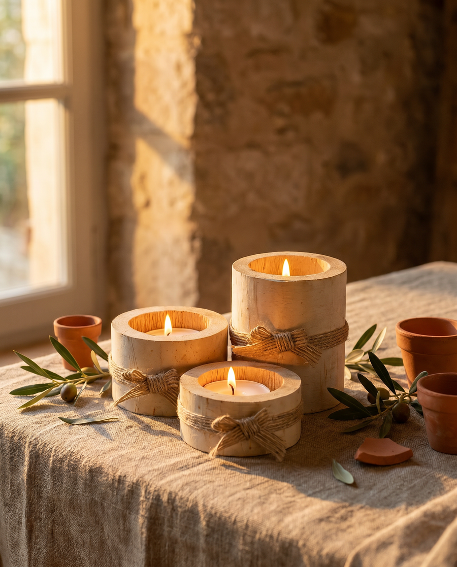 Set of three graduated bamboo candle holders with lit taper candles
