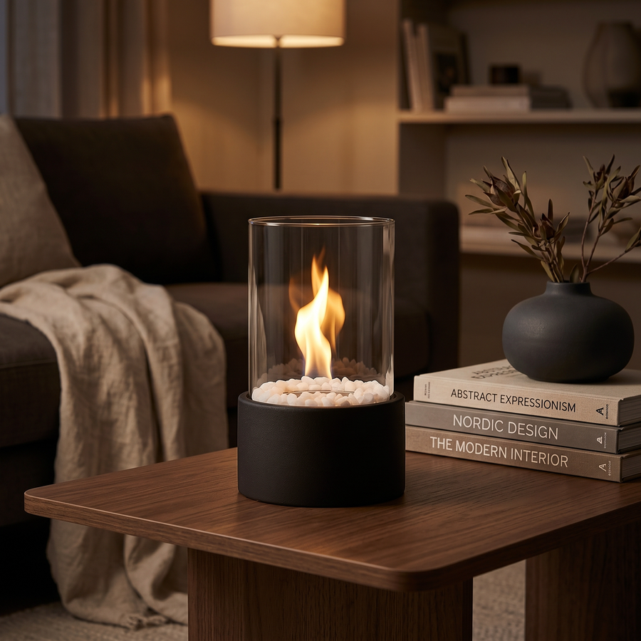 Black tabletop fire pit with a glass cylinder and marble base, flame lit