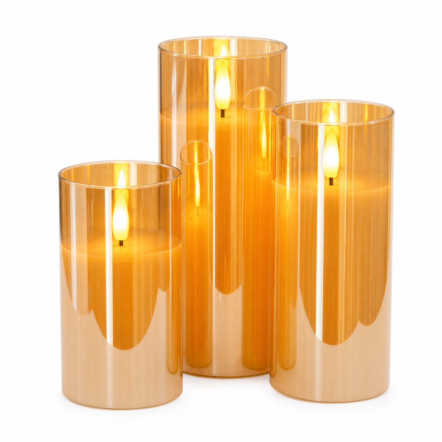 Flameless LED candle set in smoky amber glass, three graduated pillars with a flickering flame