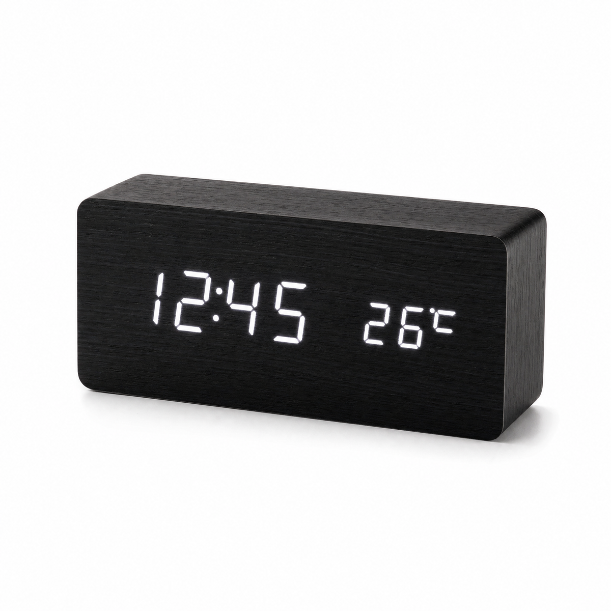 Tempo wooden LED alarm clock in black with white digits