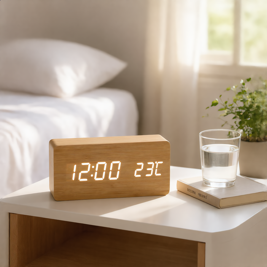 Tempo wooden LED alarm clock in bamboo on a white nightstand