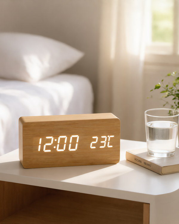 Tempo wooden LED alarm clock in bamboo on a white nightstand