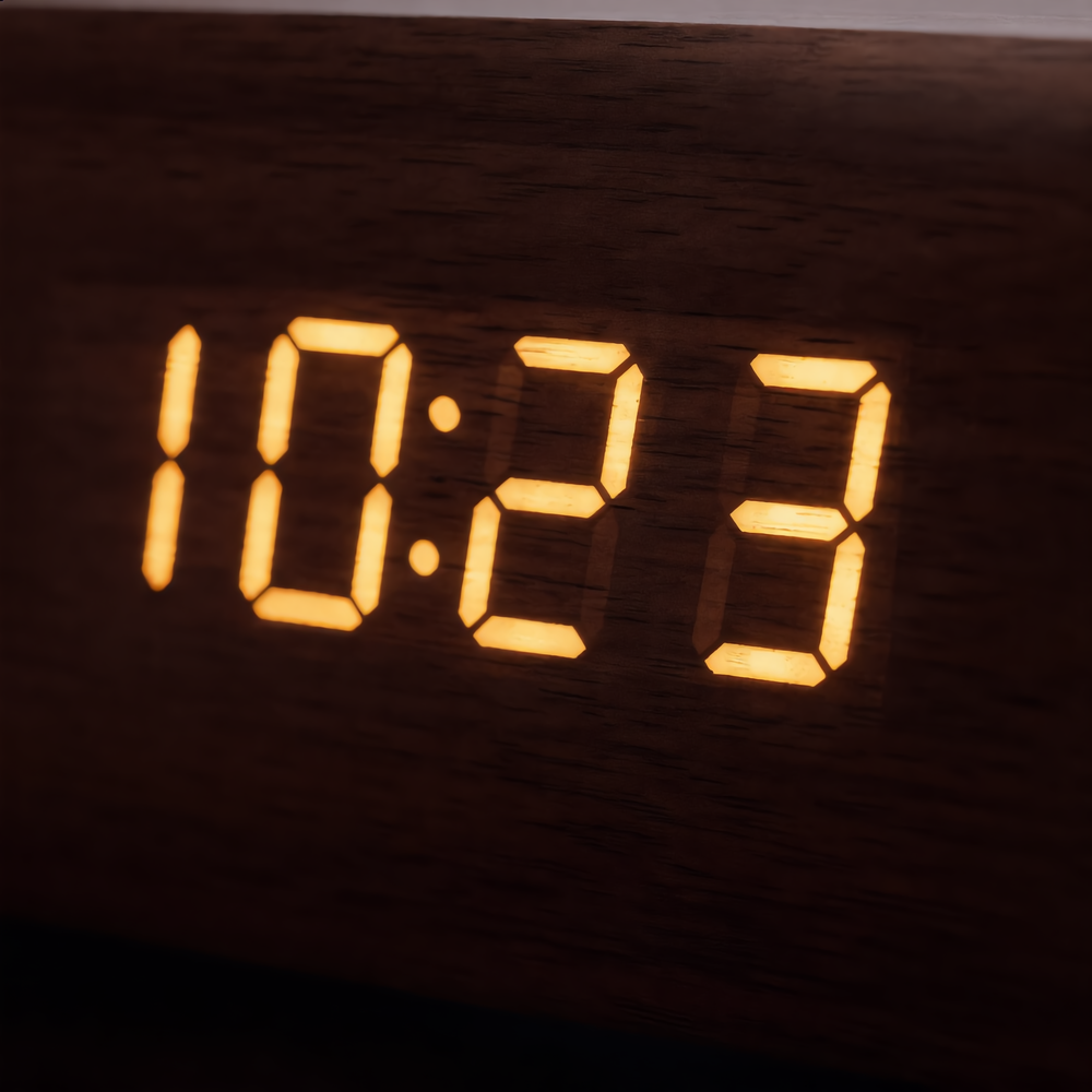 Close up of the glowing digits on the Tempo wooden alarm clock