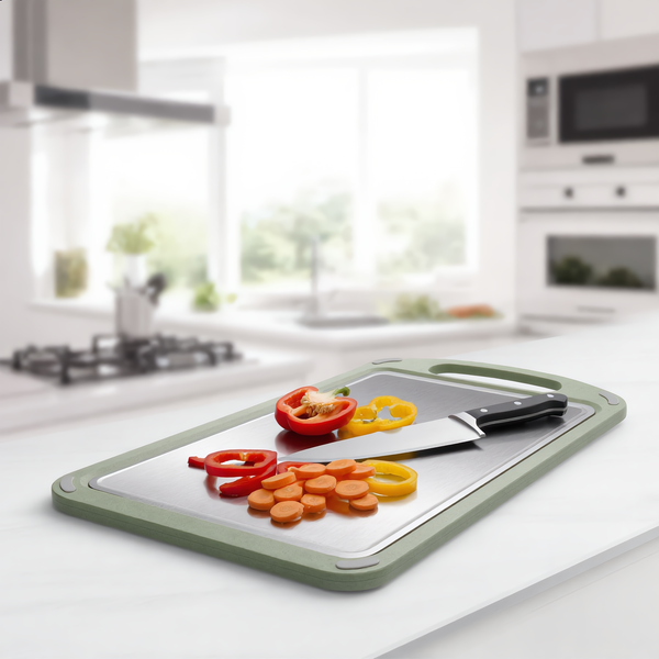 Sage green double sided cutting board with a stainless steel juice groove face