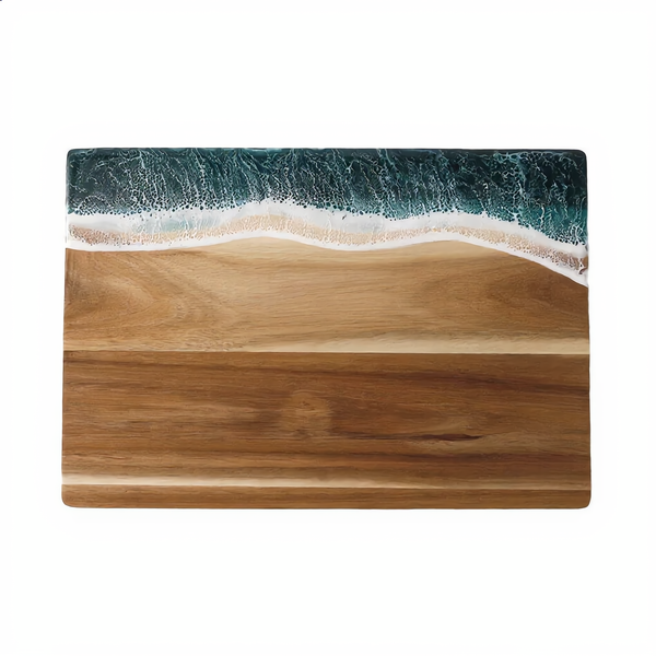Acacia and resin serving board with a teal ocean wave, shown flat