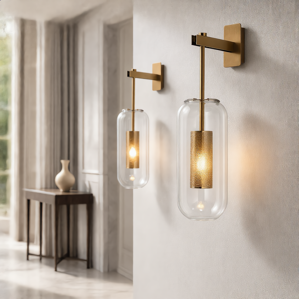 Detail of the clear glass shade and pierced brass mesh column of the Vetro wall light