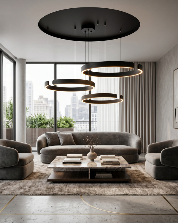 Black Orbita LED ring chandelier with two lit circles hanging at staggered heights