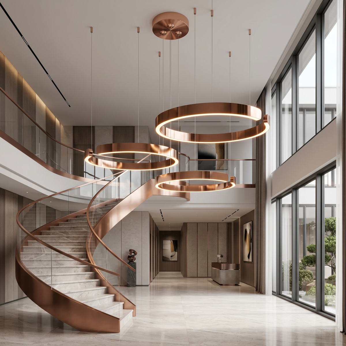 Three-ring LED chandelier floating at staggered heights in a double-height living room