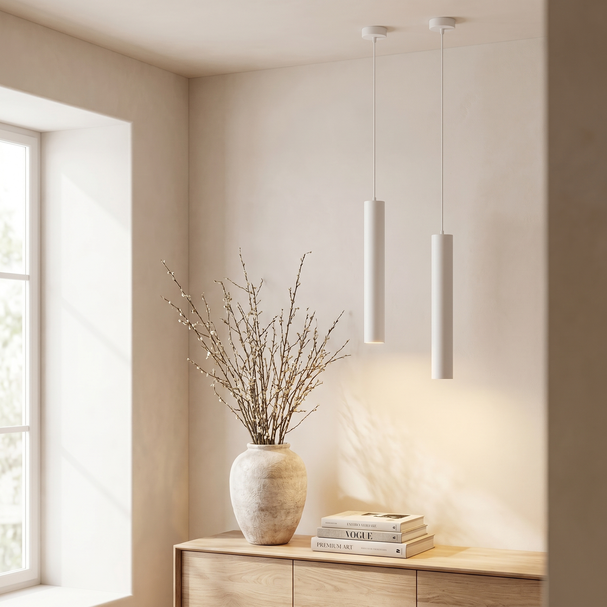 Slim cylinder pendant lights clustered at staggered heights over a stairwell