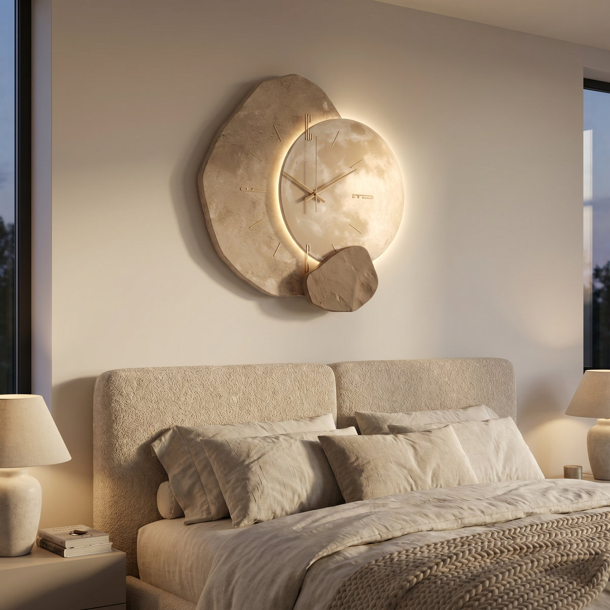 Pebble wall clock seen at an angle, smooth stone-textured surface and slim hands