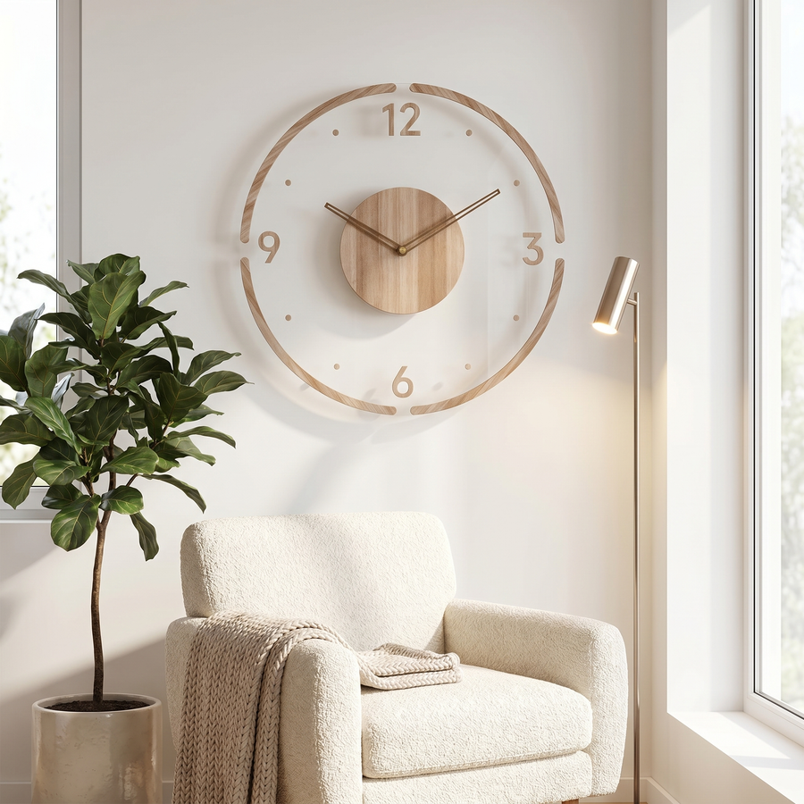 Betulla wooden wall clock in warm oak with a silent sweep movement, 13.8 in Scandinavian dial