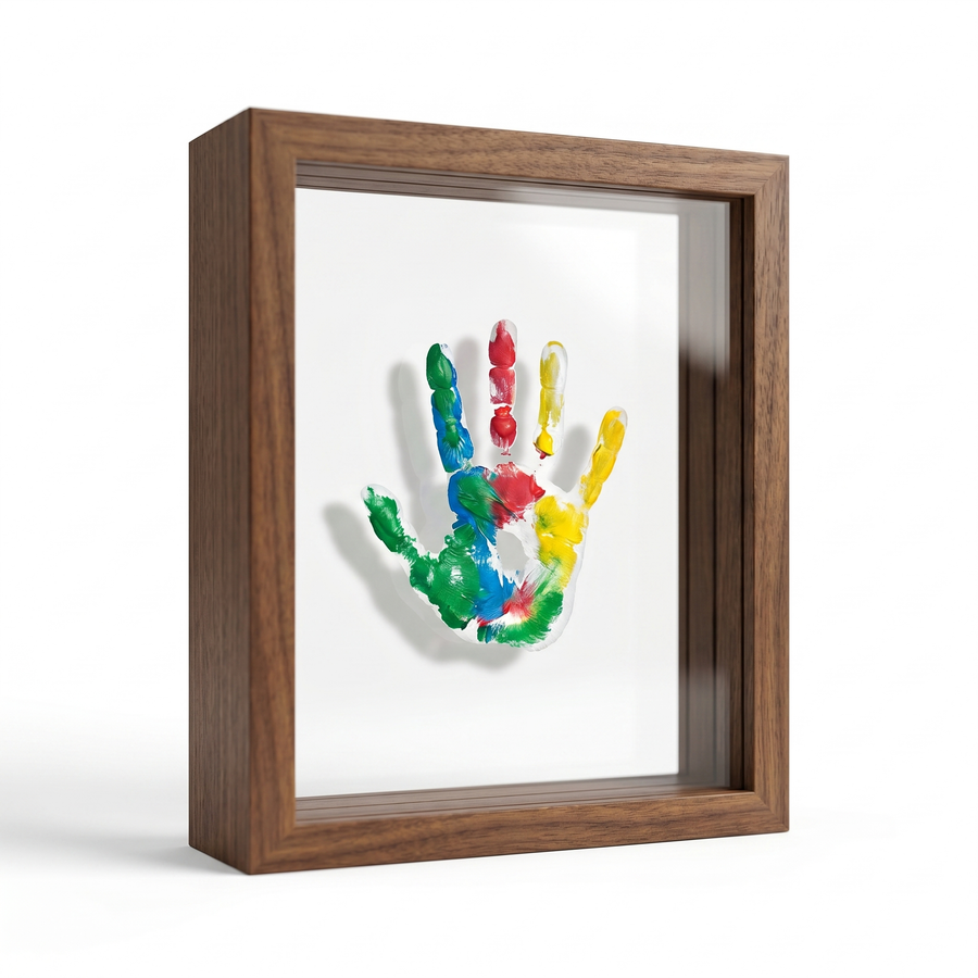 Brown solid wood baby handprint keepsake frame with floating double glass
