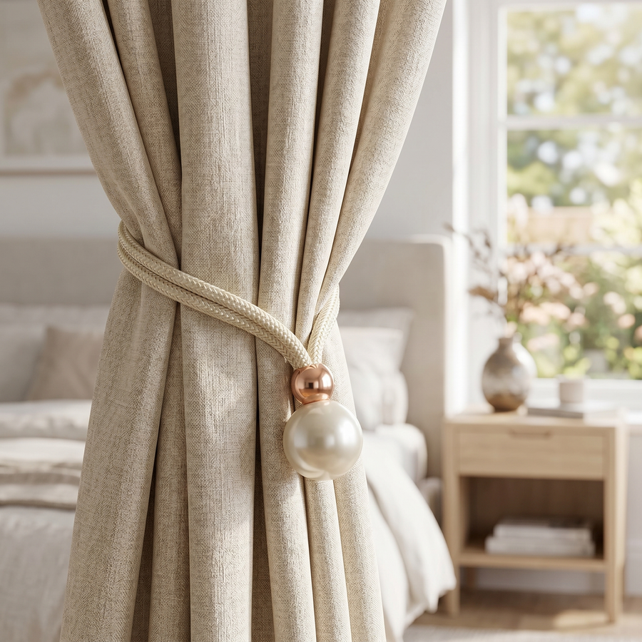 Perlina curtain tieback in cream white on a linen curtain