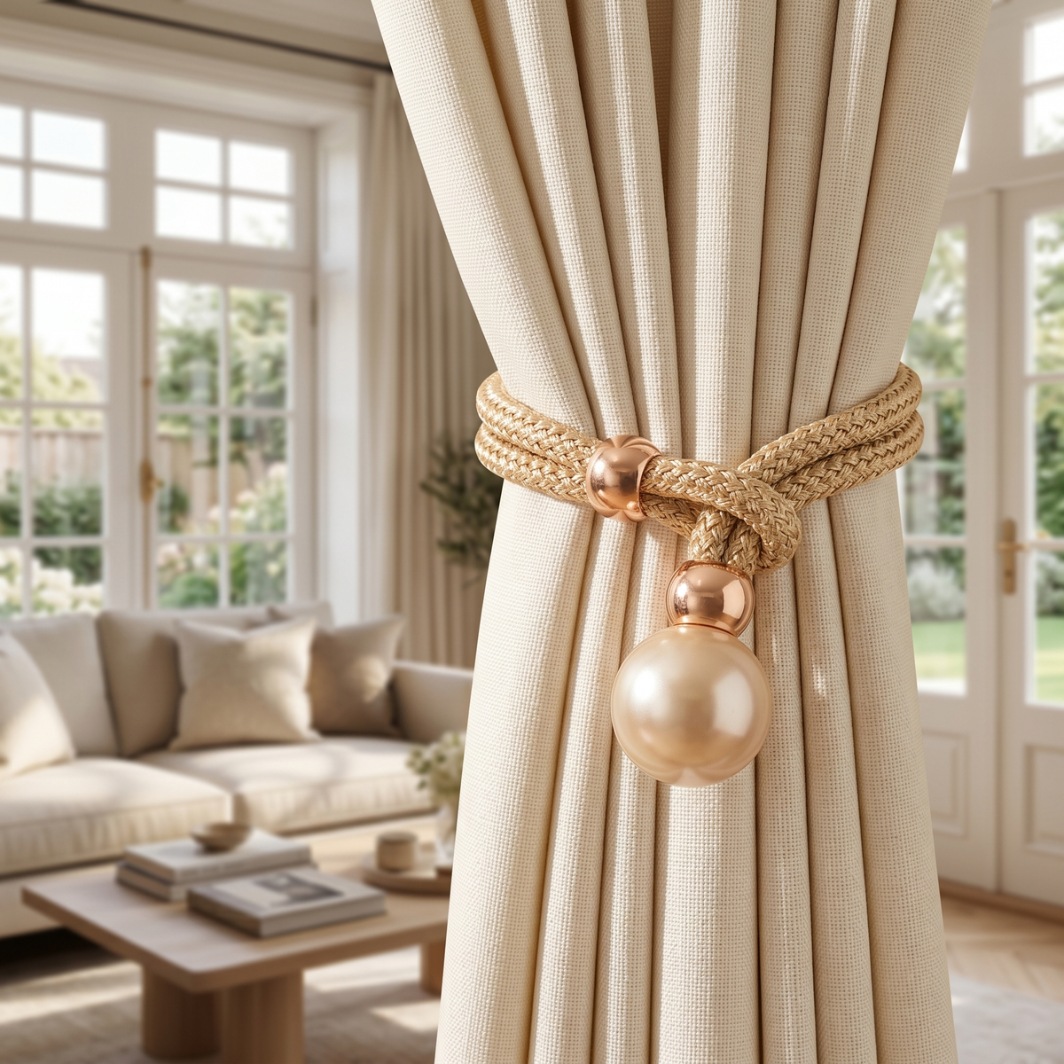 Perlina curtain tieback in gold holding back a cream curtain