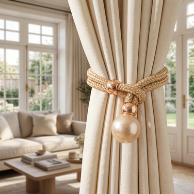 Faux Pearl Curtain Tiebacks, Braided Rope Holdbacks, Set of 2