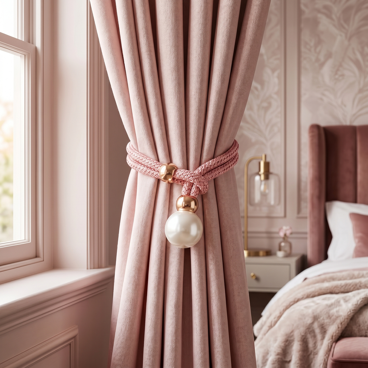 Perlina curtain tieback in pink on a pink bedroom curtain