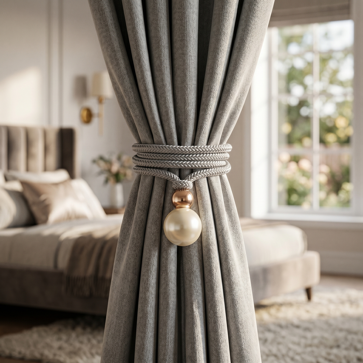 Perlina curtain tieback in gray on a gray curtain