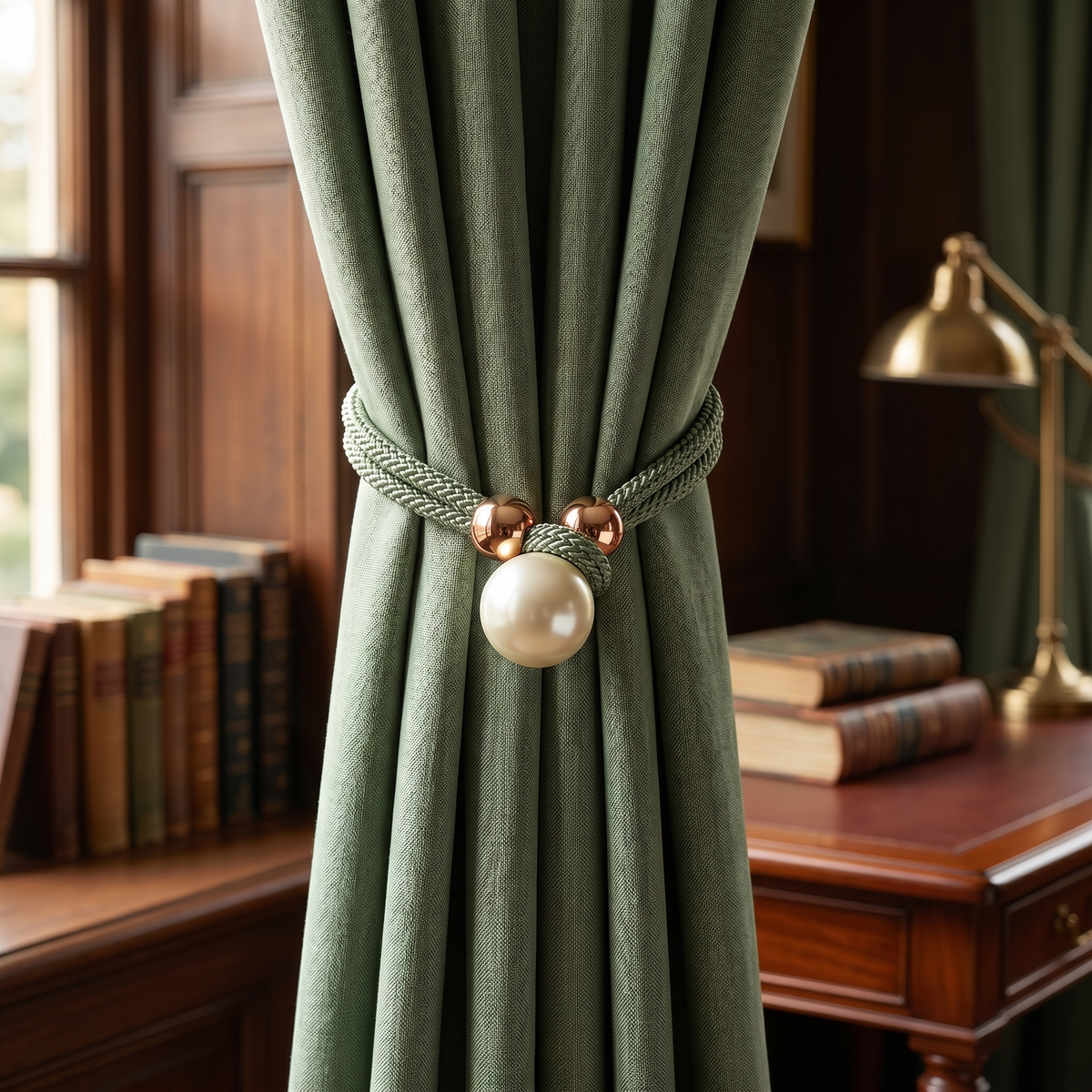 Perlina curtain tieback in green on a green curtain