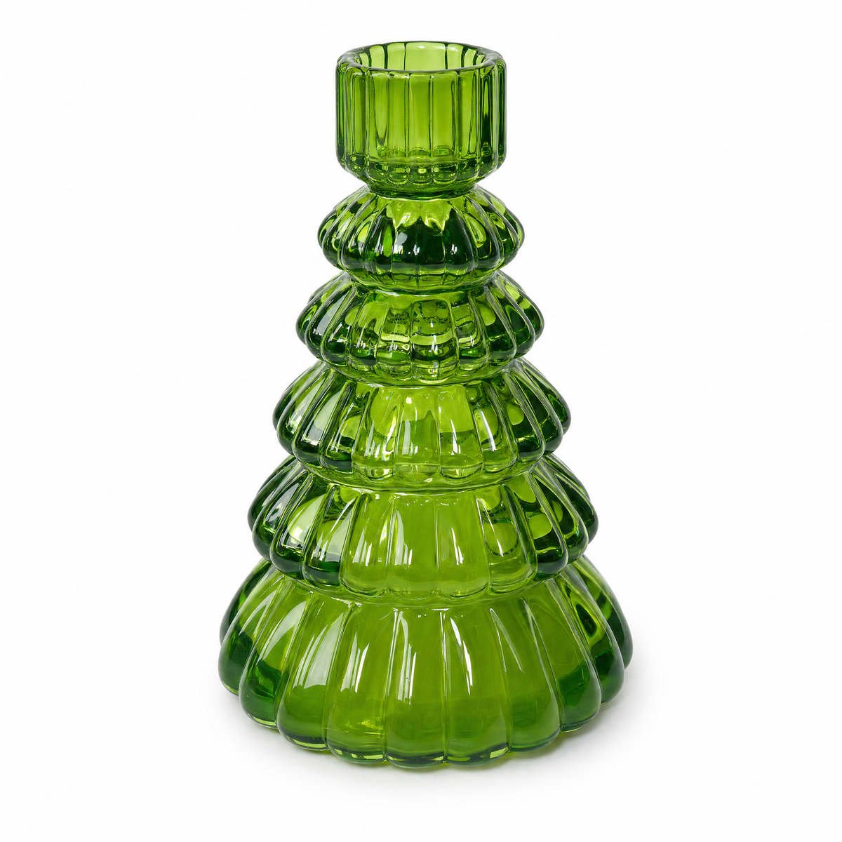 Ribbed green glass tree candle holder shown close up with a taper candle