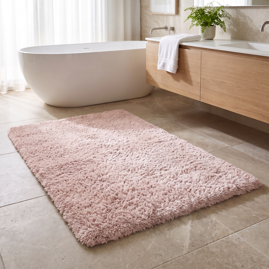Soffice Lusso Bath Rug – Plush Shag in 15 Colors | Qonforta, Light Pink