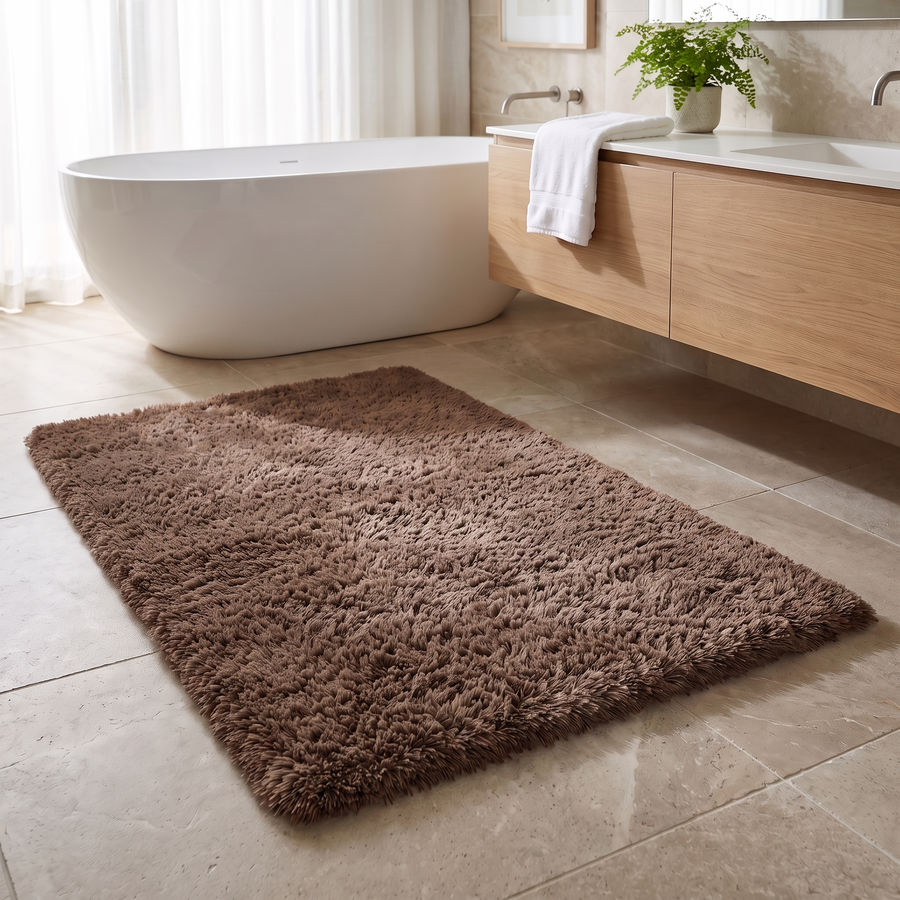Soffice Lusso Bath Rug – Plush Shag in 15 Colors | Qonforta, Coffee