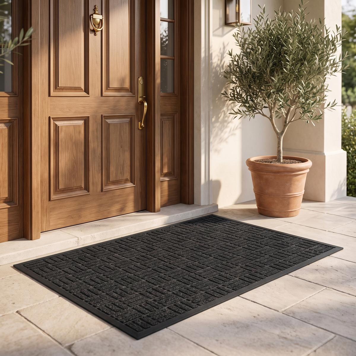 Black ridged brick-grid doormat with a non-slip backing at a front door