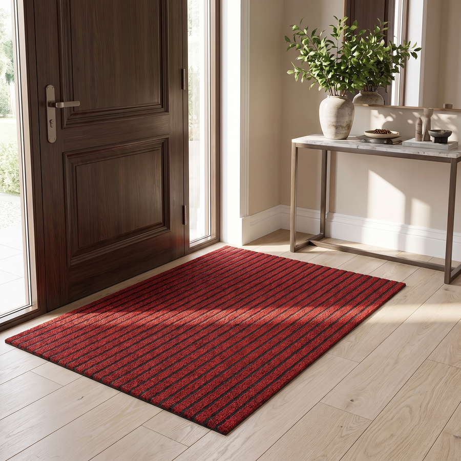 Red ribbed corrugated doormat with a non-slip backing at a front door