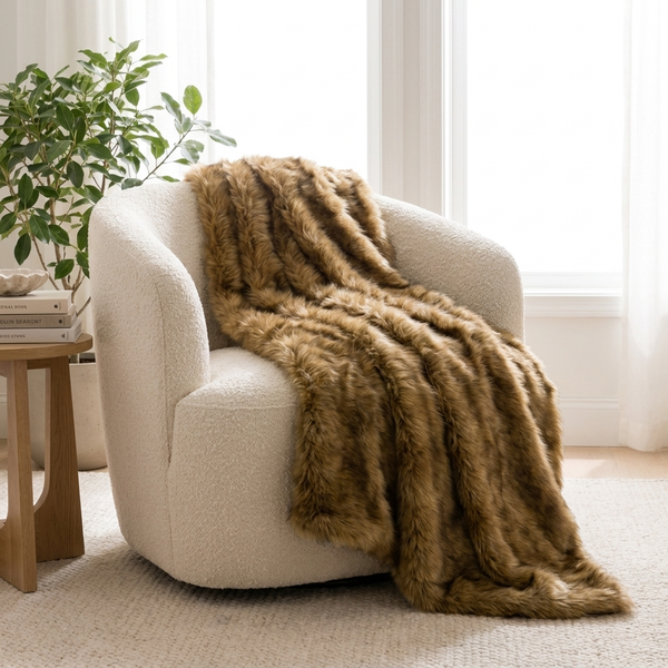 Brown faux fox fur throw blanket showing its long, softly marbled pile