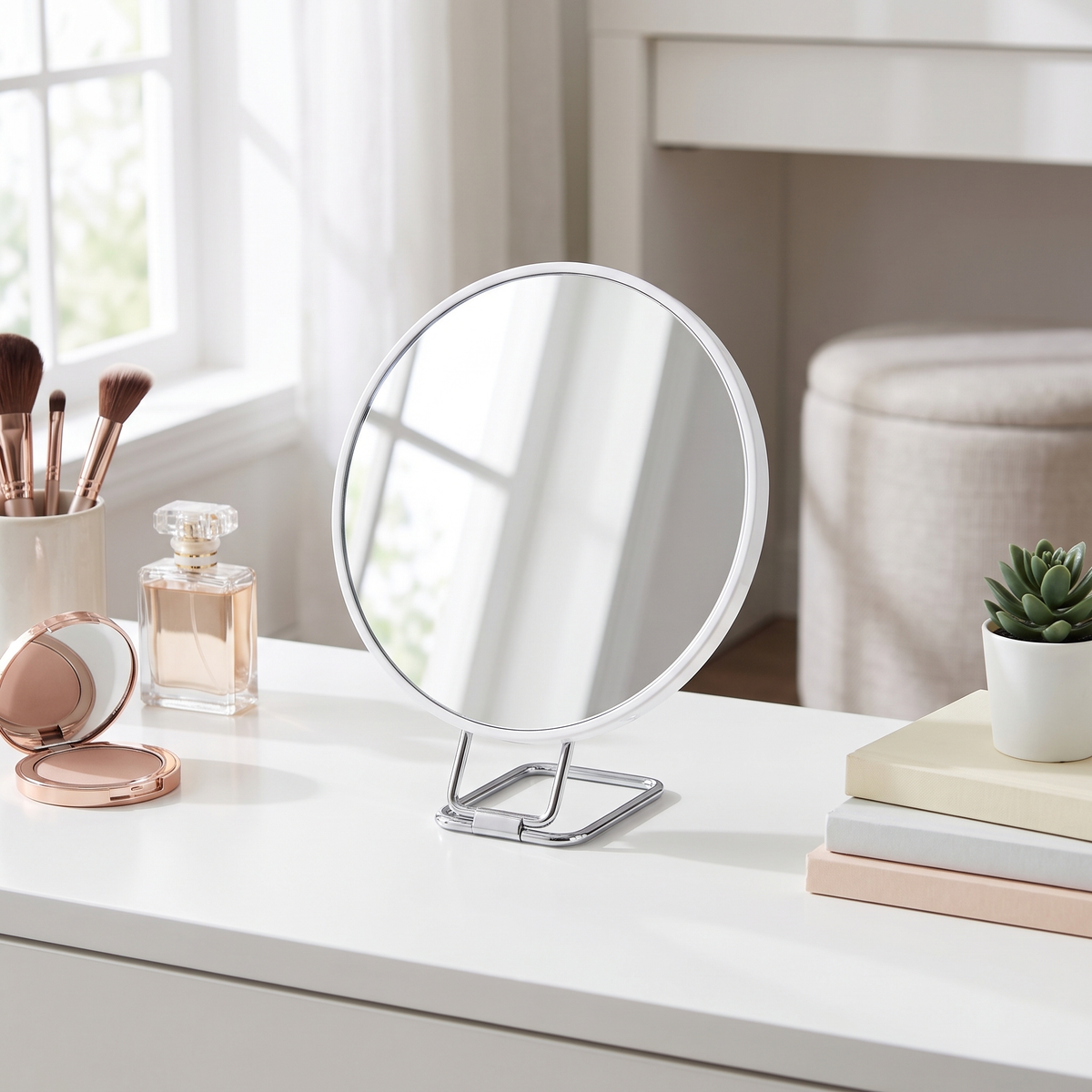 Silver Chiara Vista makeup mirror on a white dressing table