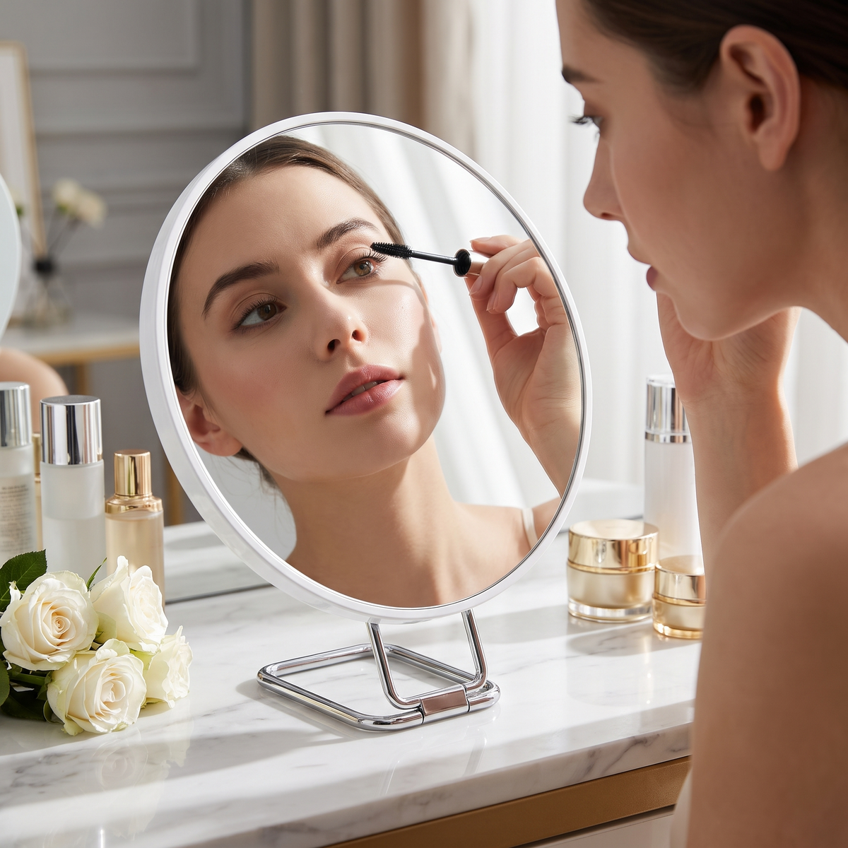 Woman applying mascara with the Chiara Vista magnifying mirror