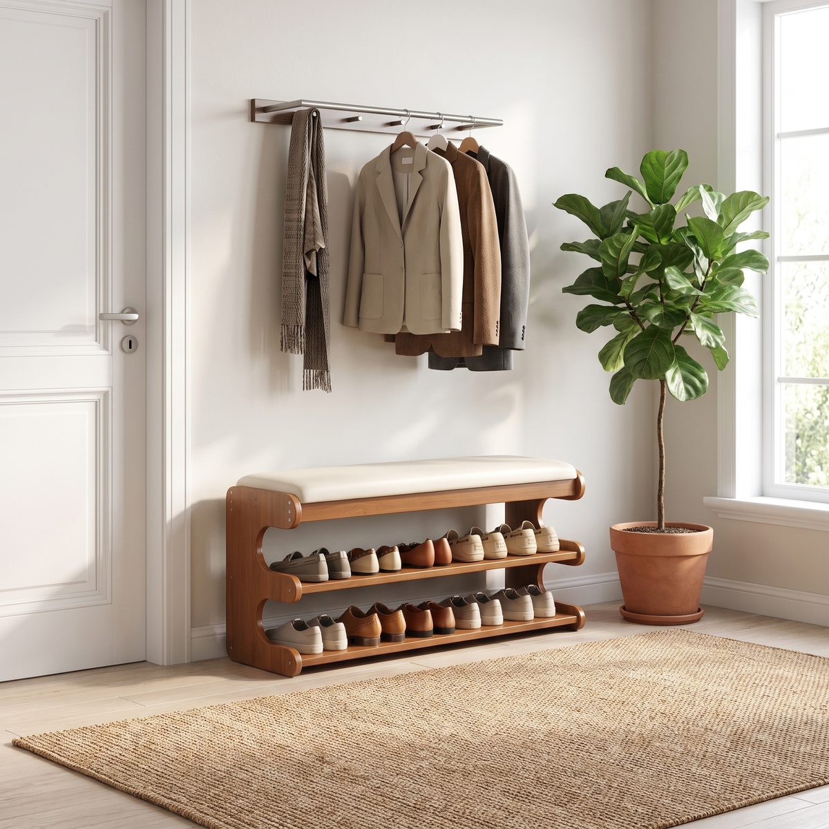 Onda Serena bamboo shoe bench with shoes in an entryway