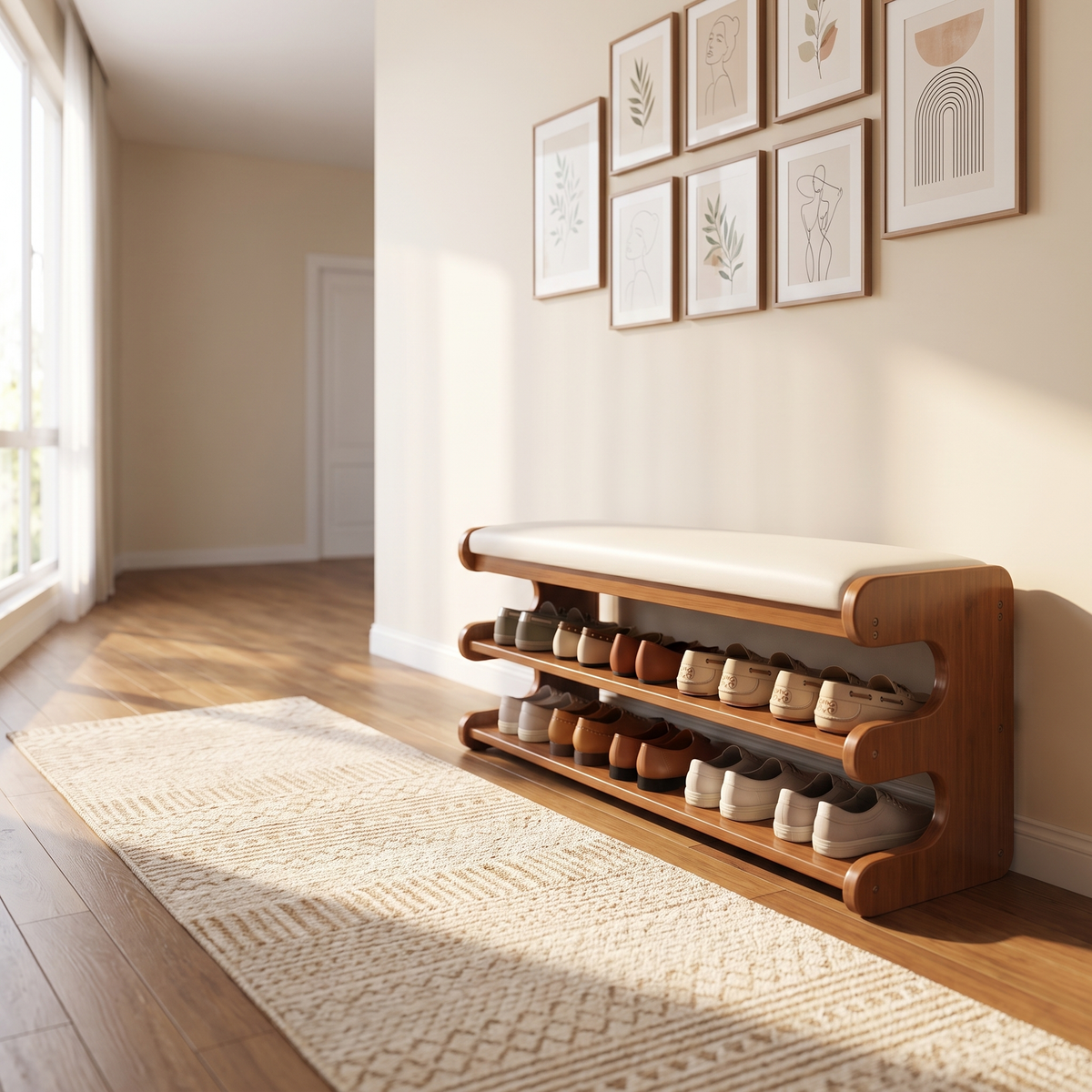 Onda Serena shoe bench under framed prints in a hallway