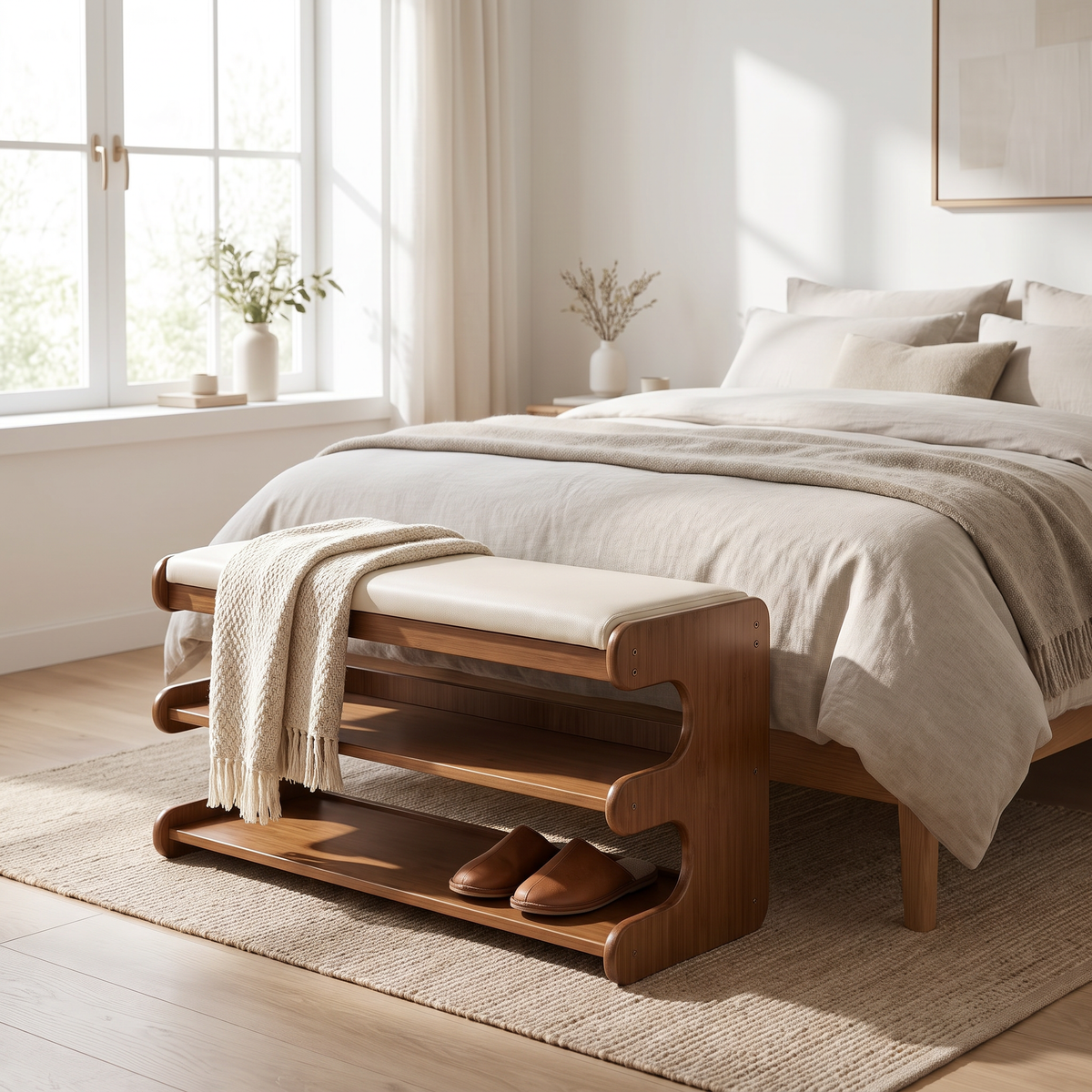 Onda Serena shoe bench at the foot of a bed