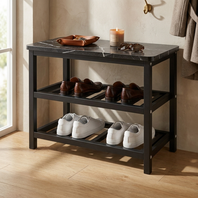 Low Narrow Shoe Rack for Entryway, Black Steel Frame with Faux Marble Top