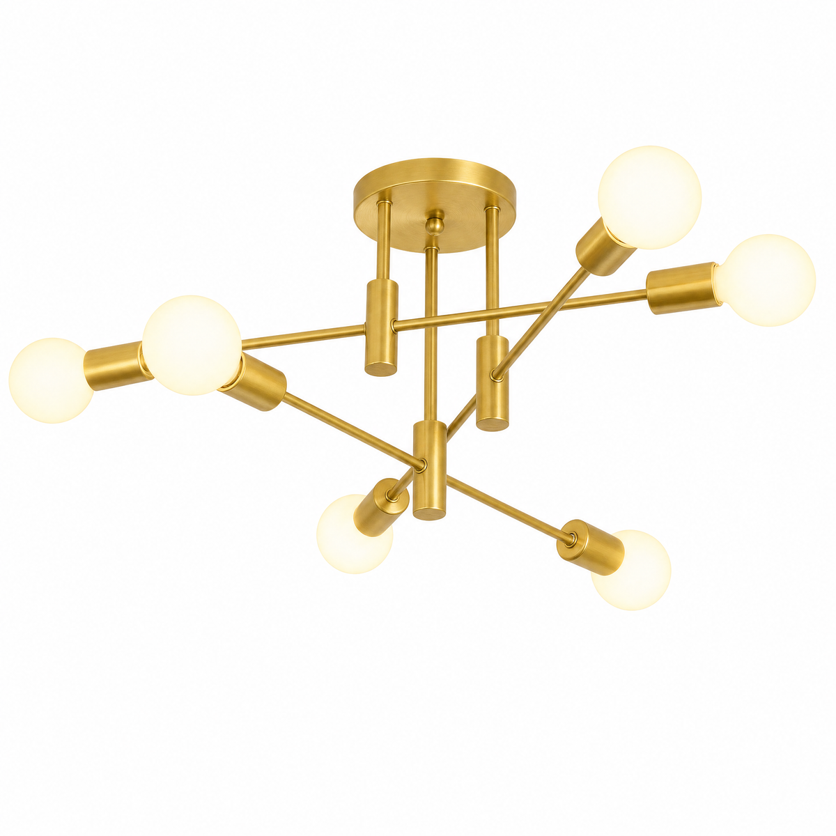 Six-light gold sputnik ceiling light spreading brass arms across a white ceiling