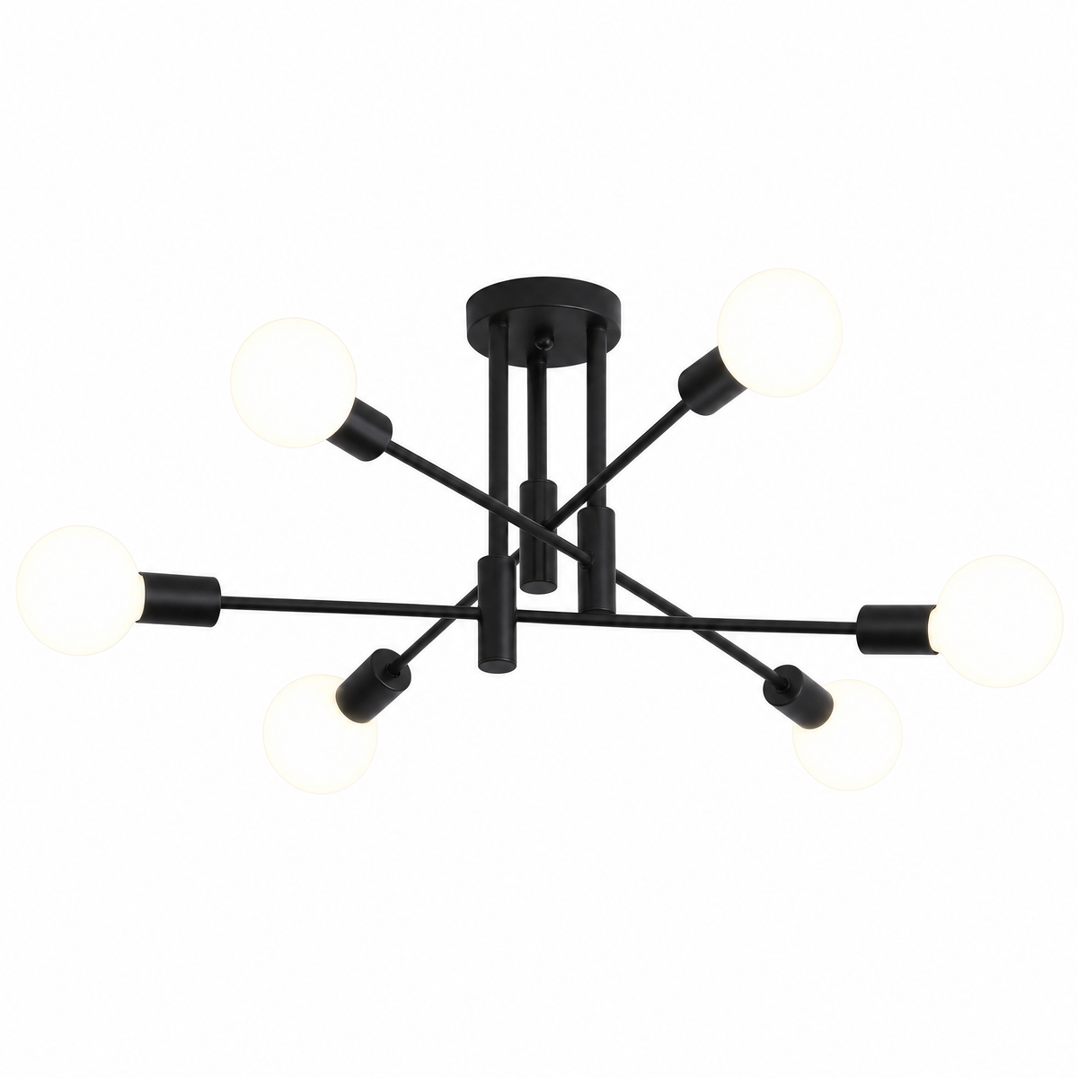 Six-arm black sputnik semi flush mount ceiling light lit above a dining table