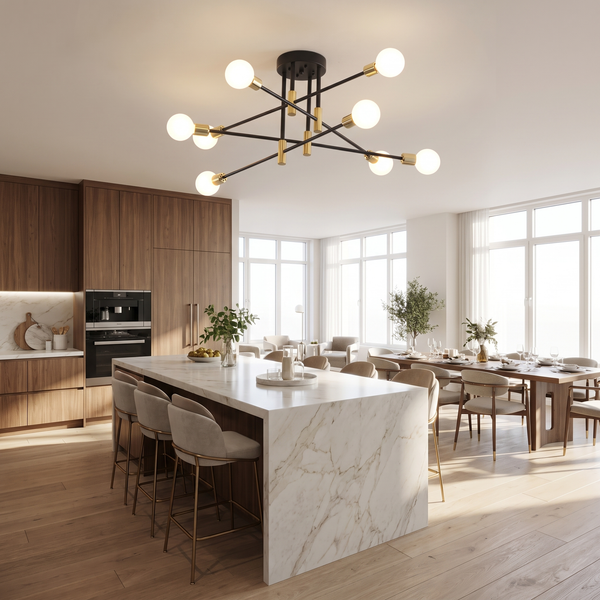 Ramo Stellare sputnik ceiling light in black and gold with arms fanning out from a flush canopy