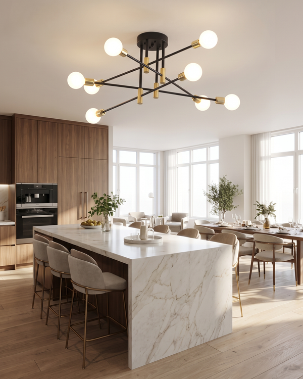 Ramo Stellare sputnik ceiling light in black and gold with arms fanning out from a flush canopy
