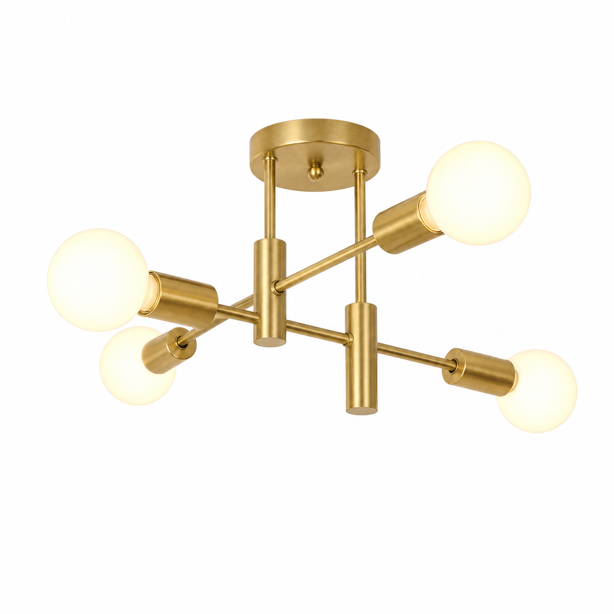 Gold sputnik ceiling light with four brushed brass arms and round bulbs