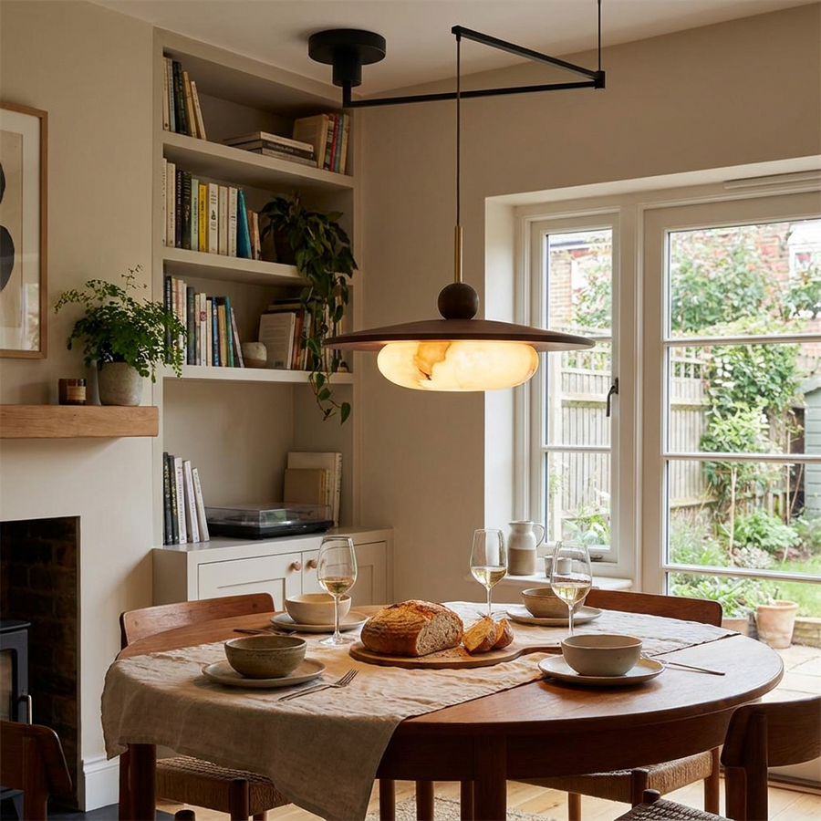 Swing arm pendant light with walnut shade and matte black arm above a dining table