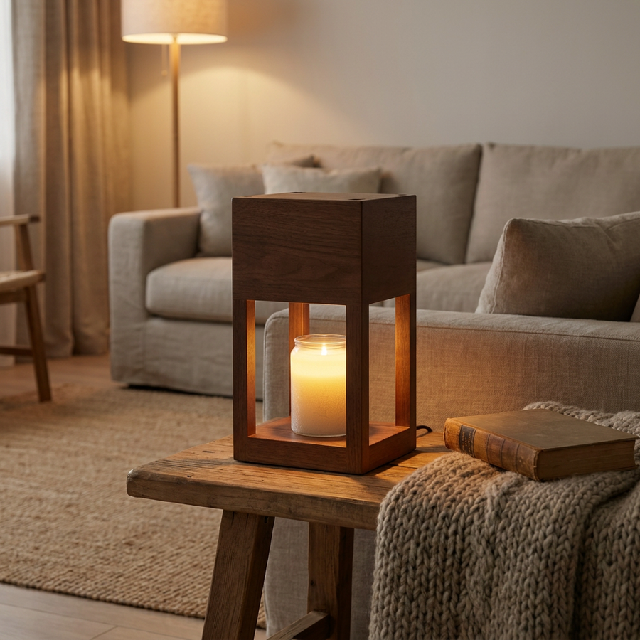 Scandinavian candle warmer lamp glowing on a cozy side table