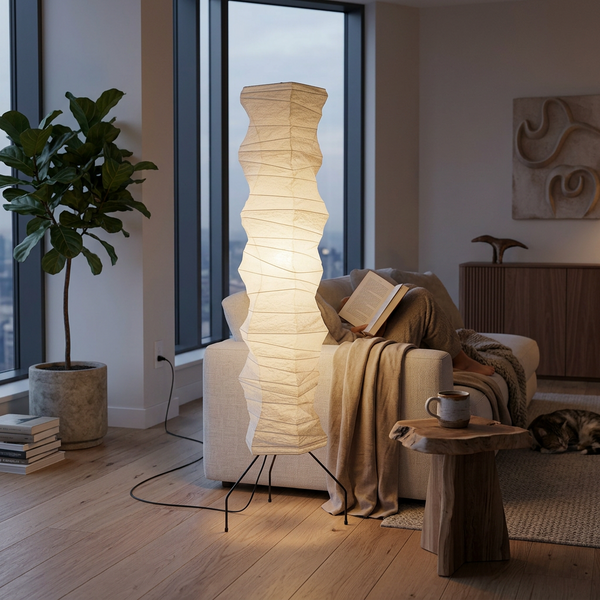 WabiSabi rice paper floor lamp glowing in a Japandi living room