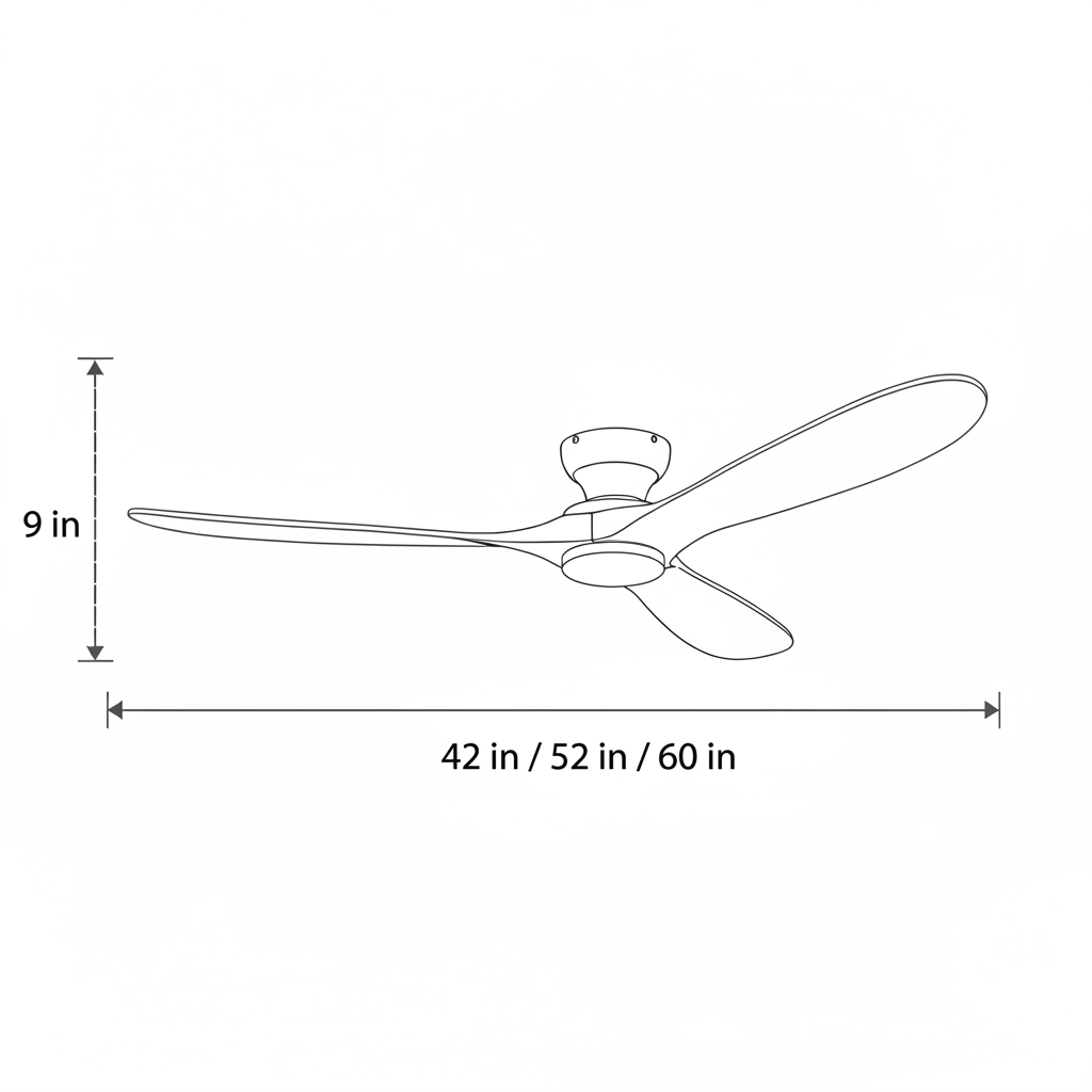 Dark wood ceiling fan size diagram with 42, 52 and 60 inch spans
