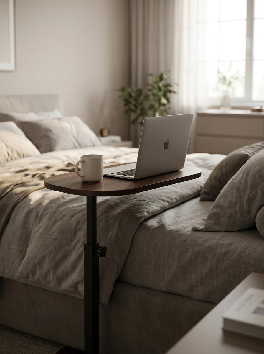 Luxoria adjustable steel side table pulled over a bed with a laptop on the top