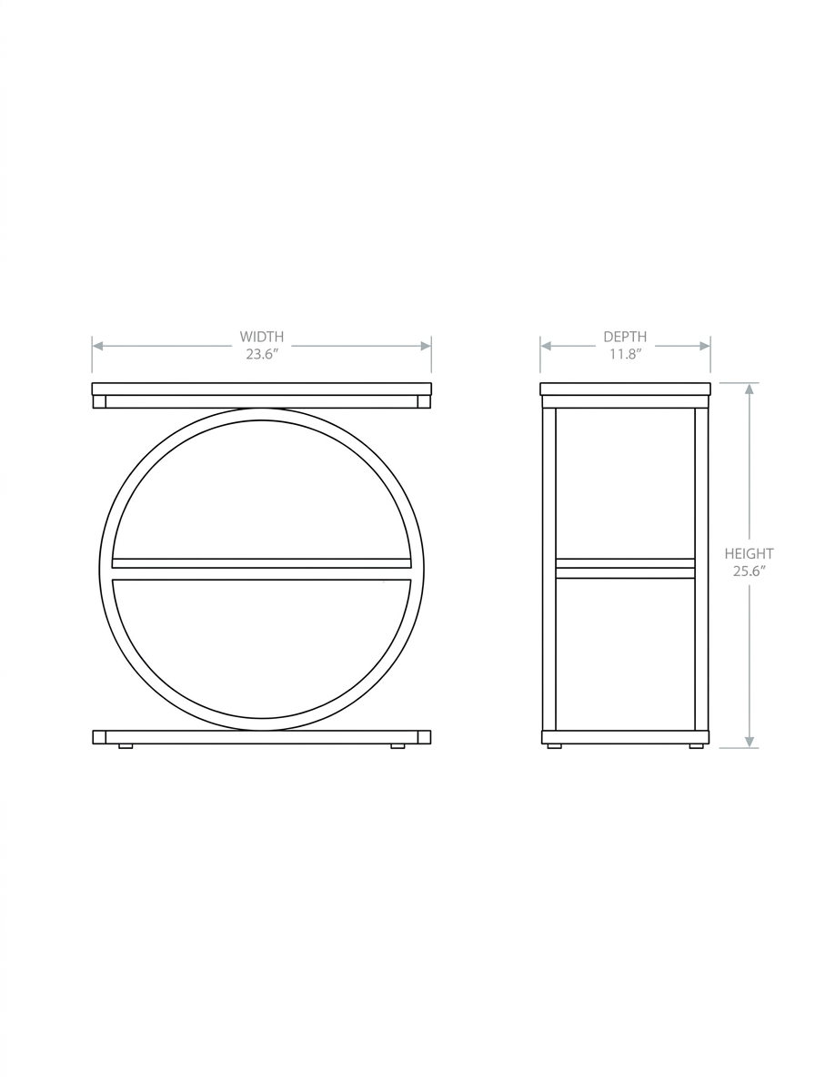 Dimension drawing of the Isyvelra side table in inches, 23.6 wide by 11.8 deep by 25.6 high