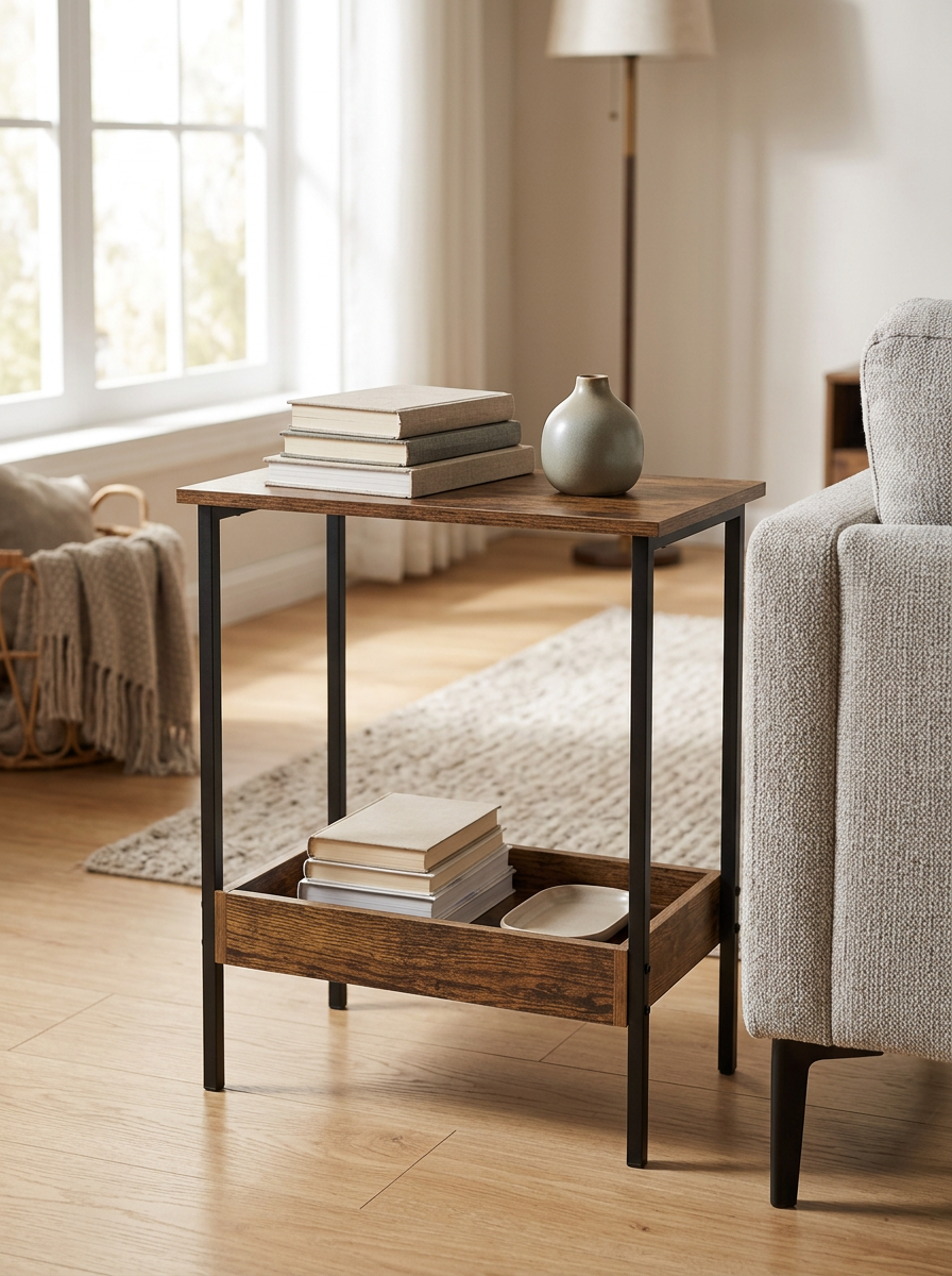 Velistra two shelf side table styled beside a sofa in a modern living room