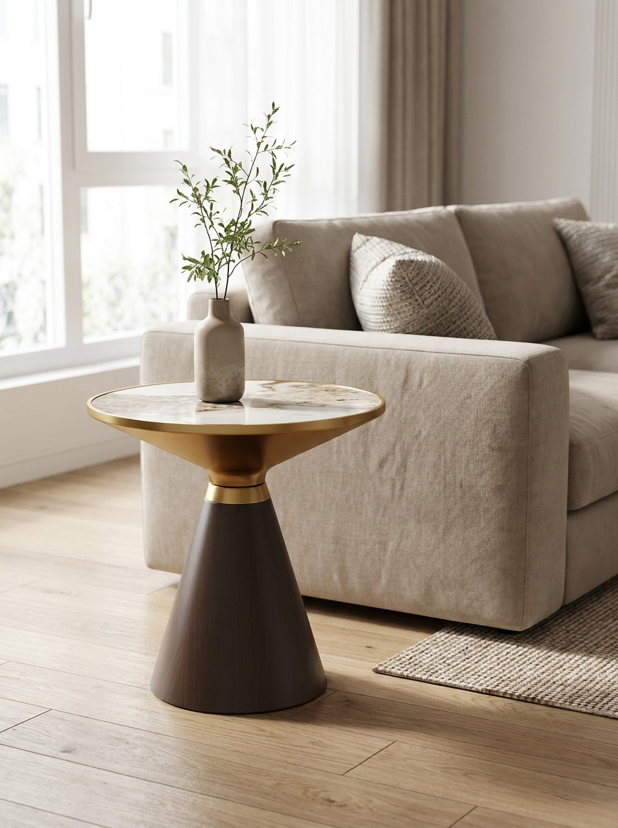 Elarian round metal and marble side table styled in a Nordic minimalist living room